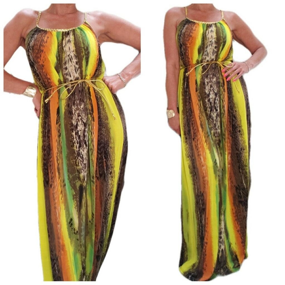 60's Style Retro Long Green Animal Print Gold Rope Belt Dress